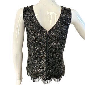 60s Heavily Sequined Beaded Black Wool Tank Top Womens Size S Fringed Scalloped